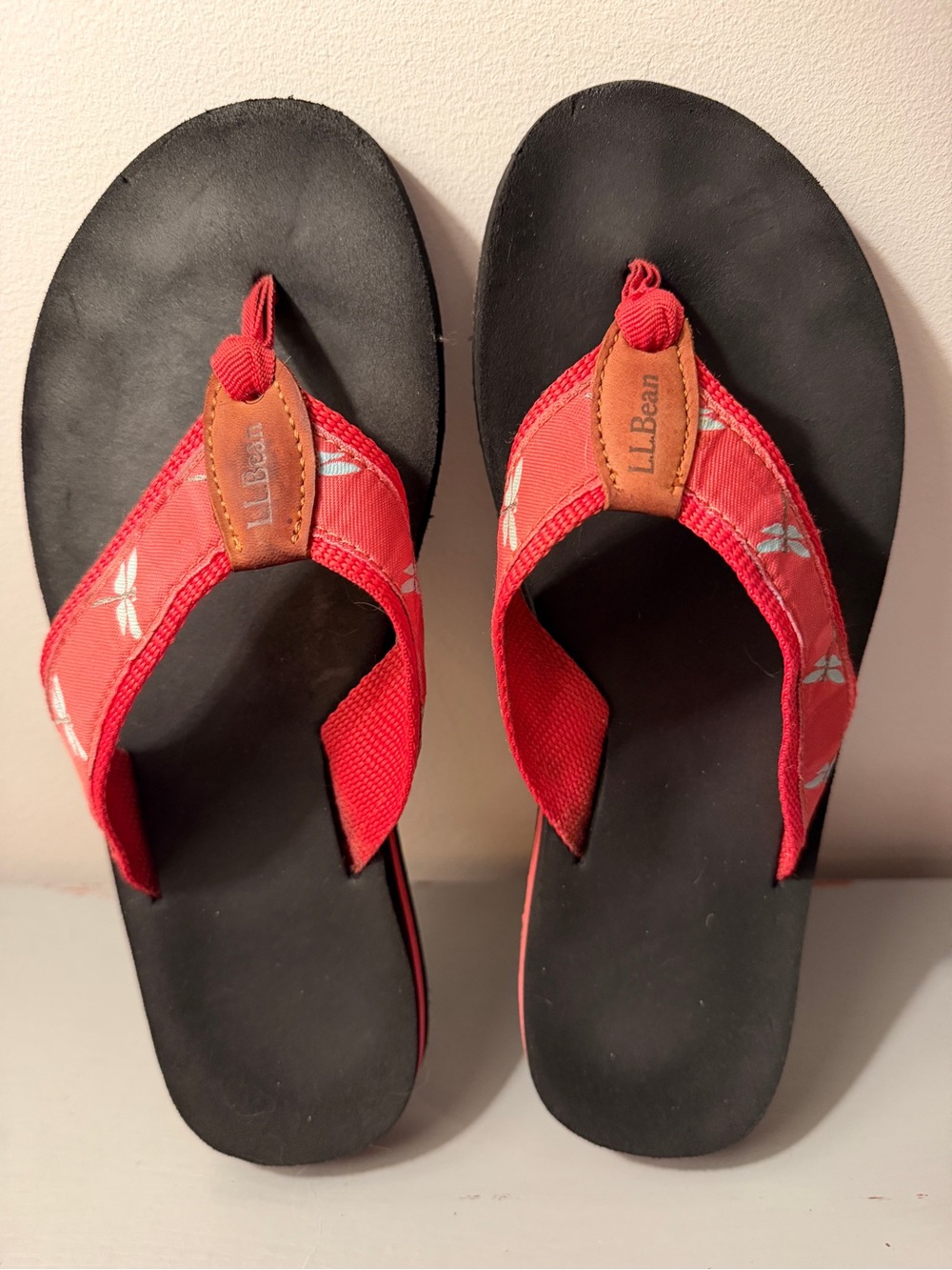 L.L. Bean Red Dragonfly Strap Flip Flops